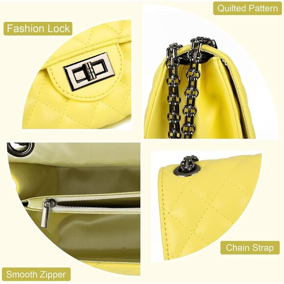 Women Yellow-i PU Quilted Stylish Crossbody Bag with Chain Strap & Flap Closure - Picture 5 of 6